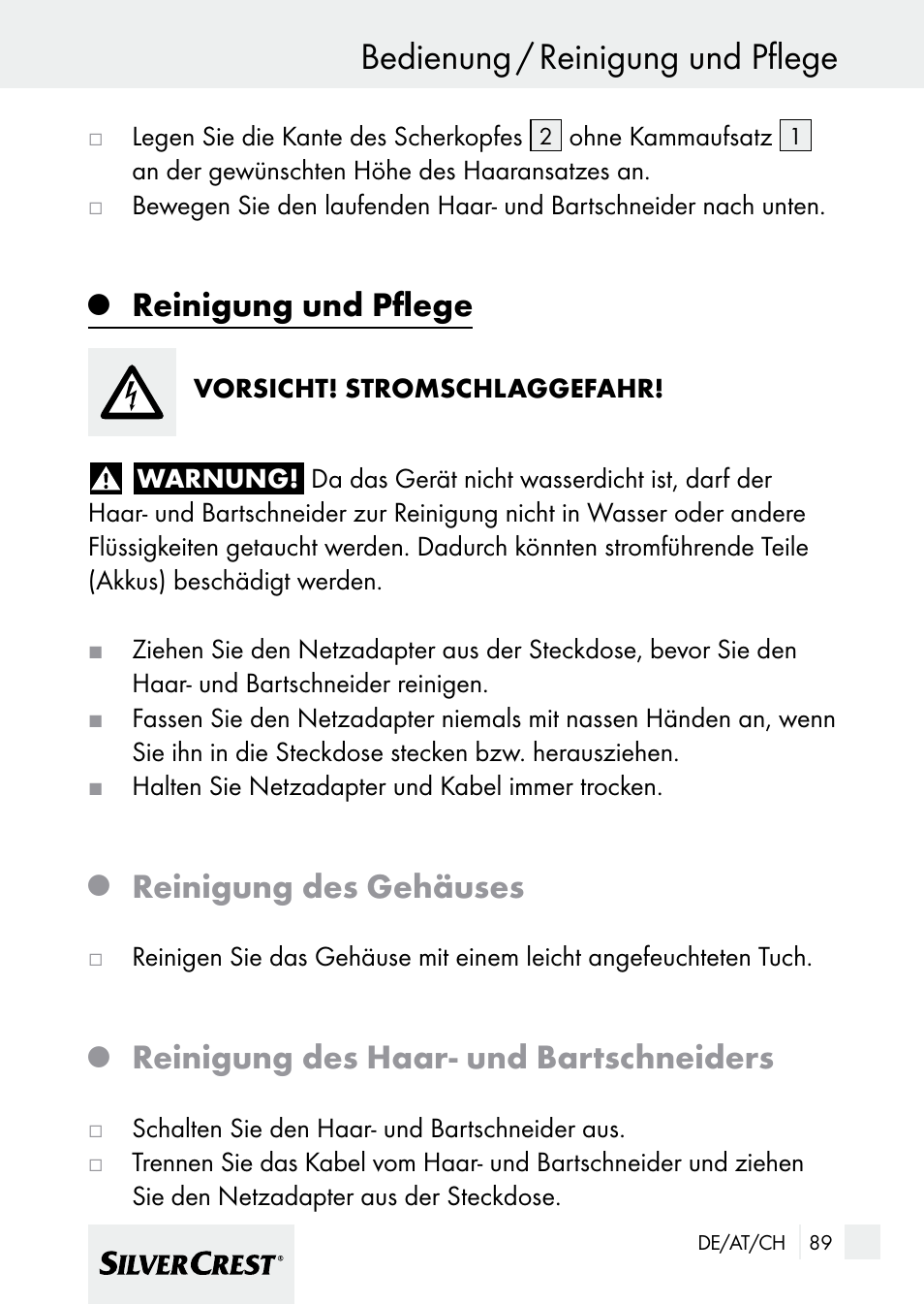 Bedienung / reinigung und pflege, Reinigung und pflege, Reinigung des gehäuses | Reinigung des haar- und bartschneiders | Silvercrest 7133016 User Manual | Page 89 / 95