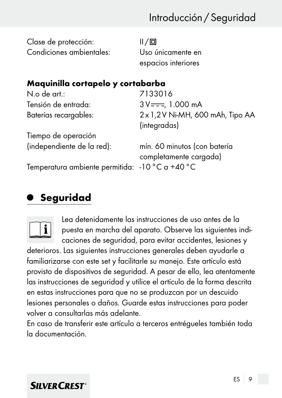 Introducción / seguridad, Seguridad | Silvercrest 7133016 User Manual | Page 9 / 95