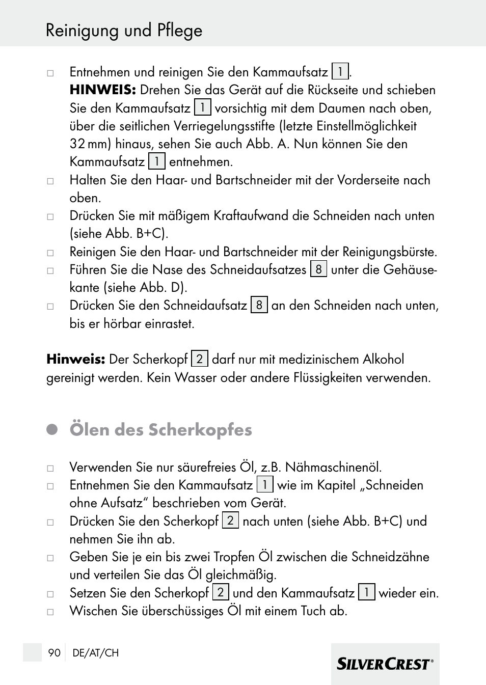 Reinigung und pflege, Ölen des scherkopfes | Silvercrest 7133016 User Manual | Page 90 / 95