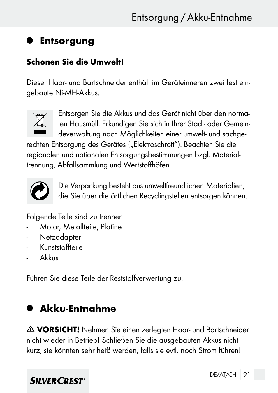 Entsorgung / akku-entnahme, Entsorgung, Akku-entnahme | Silvercrest 7133016 User Manual | Page 91 / 95