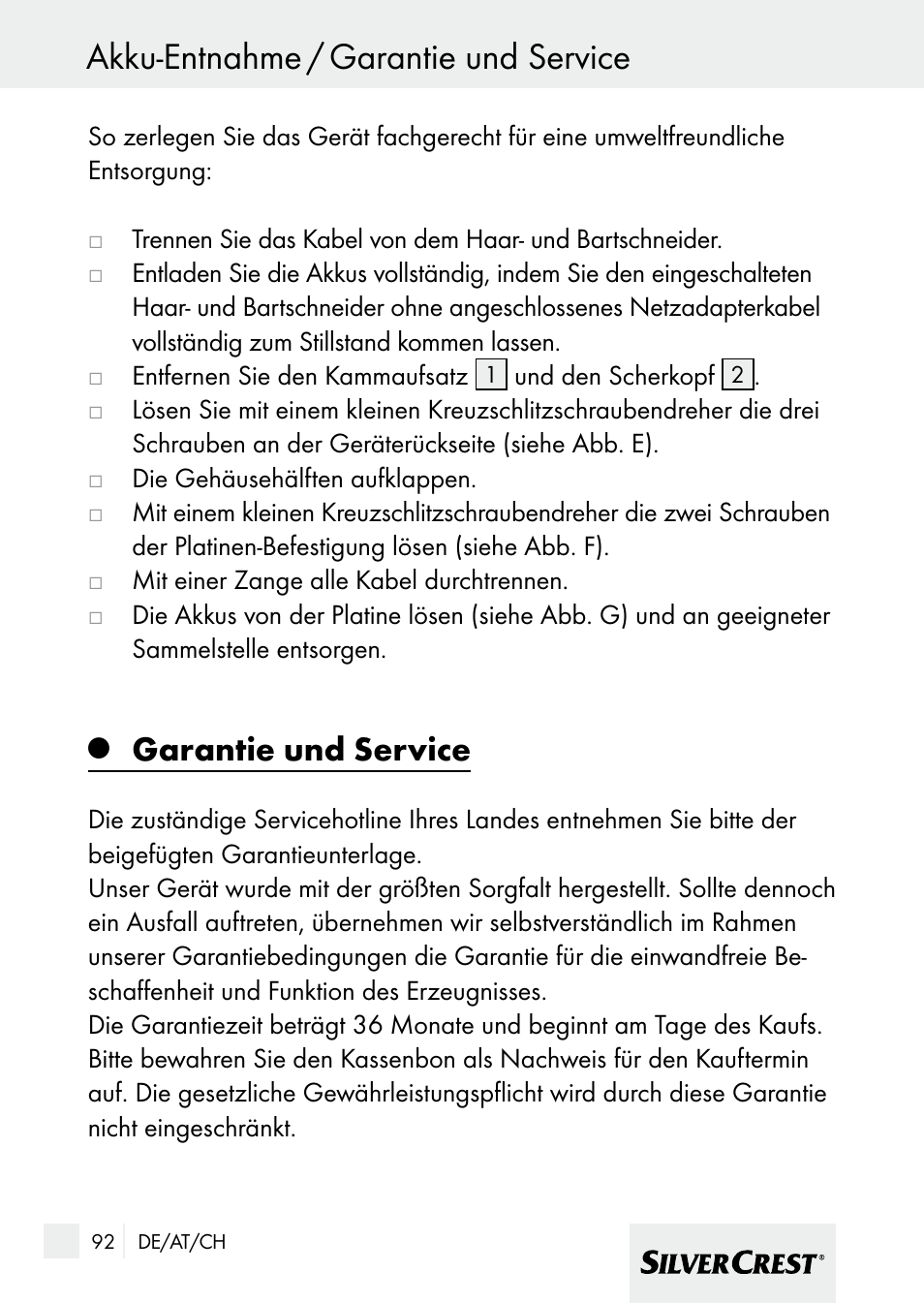 Akku-entnahme / garantie und service, Garantie und service | Silvercrest 7133016 User Manual | Page 92 / 95