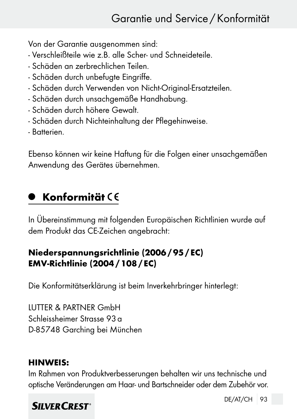 Garantie und service / konformität, Konformität | Silvercrest 7133016 User Manual | Page 93 / 95