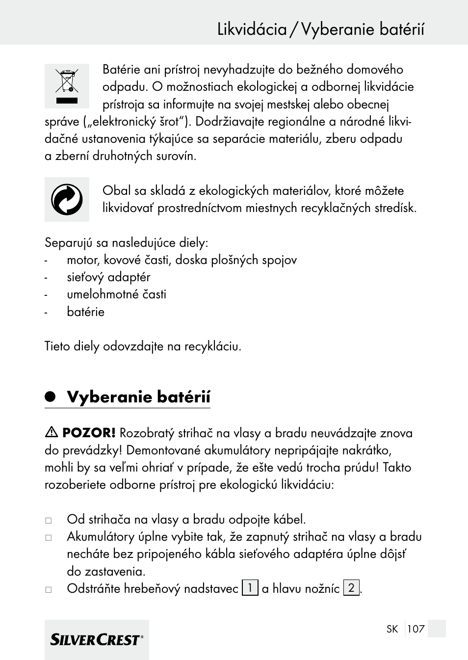 Likvidácia / vyberanie batérií, Vyberanie batérií | Silvercrest 7133016 User Manual | Page 107 / 149