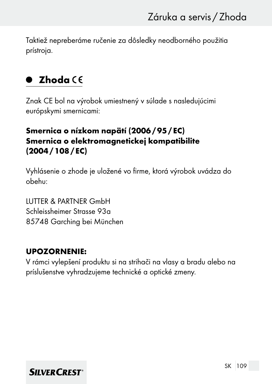 Záruka a servis / zhoda, Zhoda | Silvercrest 7133016 User Manual | Page 109 / 149