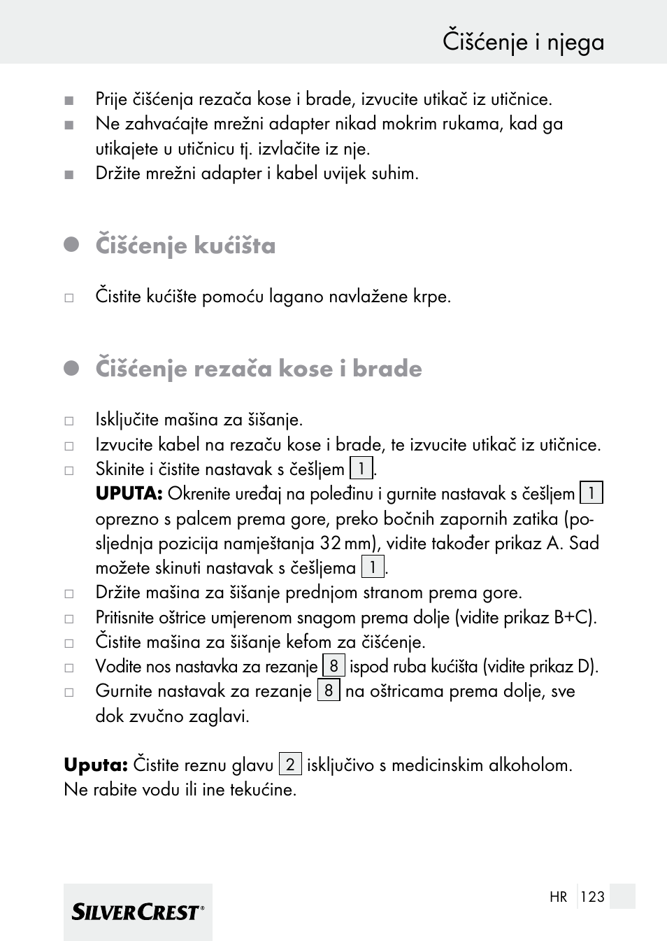 Čišćenje i njega, Čišćenje kućišta, Čišćenje rezača kose i brade | Silvercrest 7133016 User Manual | Page 123 / 149