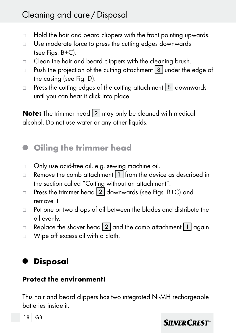 Cleaning and care / disposal, Oiling the trimmer head, Disposal | Silvercrest 7133016 User Manual | Page 18 / 149