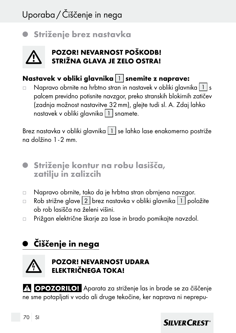 Uporaba / čiščenje in nega, Striženje brez nastavka, Čiščenje in nega | Silvercrest 7133016 User Manual | Page 70 / 149