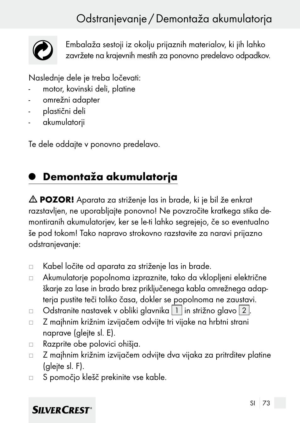 Odstranjevanje / demontaža akumulatorja, Demontaža akumulatorja | Silvercrest 7133016 User Manual | Page 73 / 149