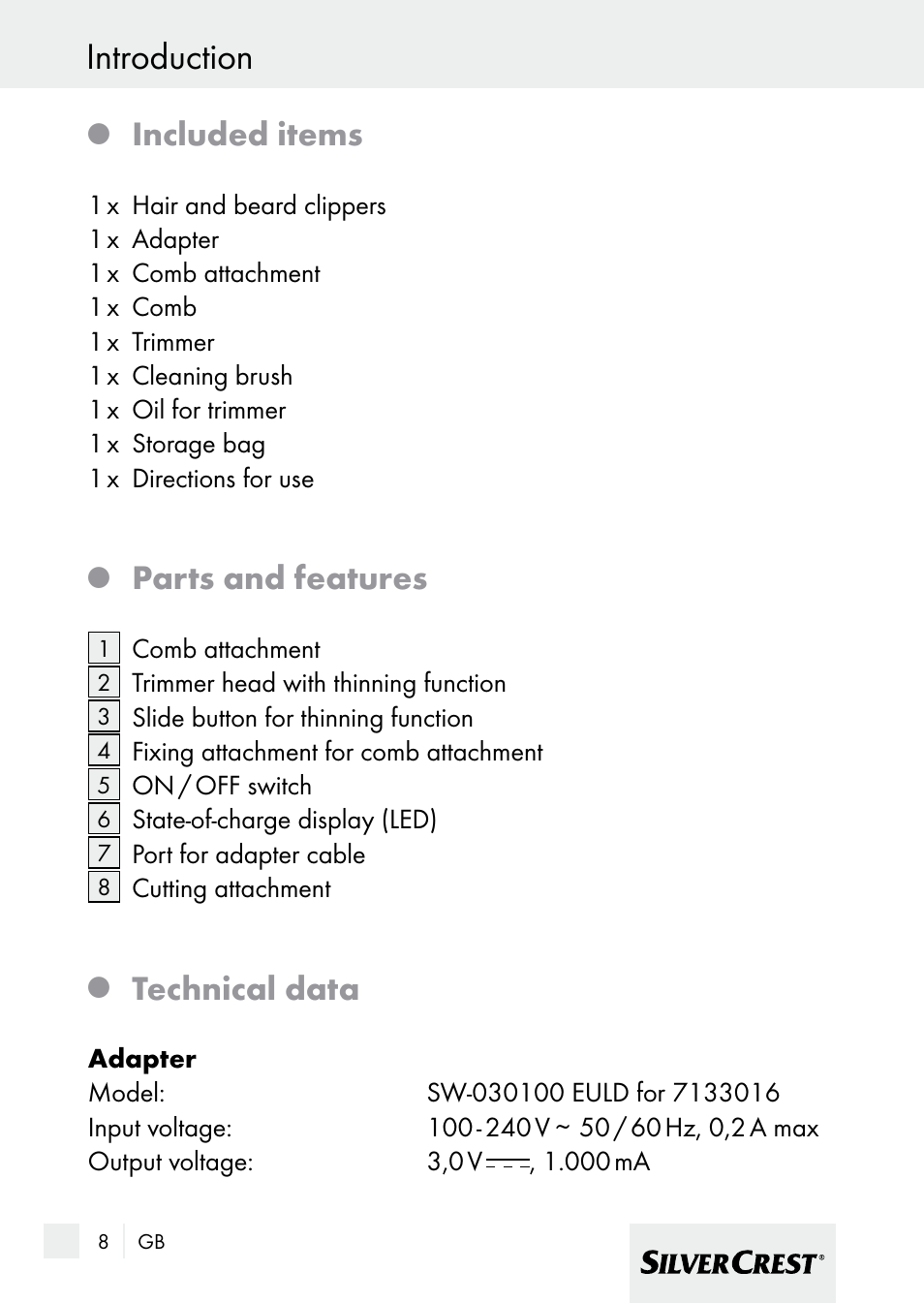 Introduction, Included items, Parts and features | Technical data | Silvercrest 7133016 User Manual | Page 8 / 149