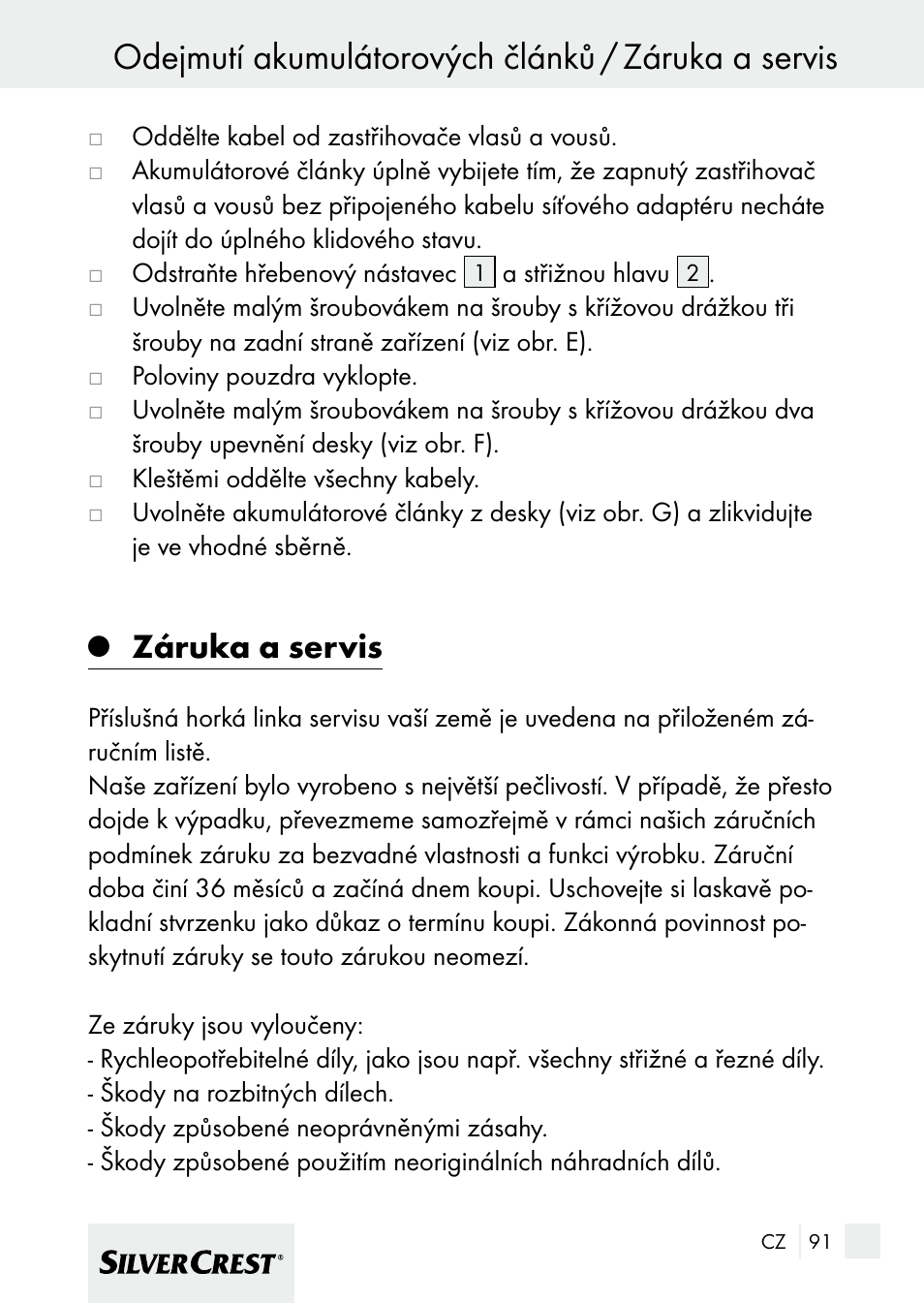 Odejmutí akumulátorových článků / záruka a servis, Záruka a servis | Silvercrest 7133016 User Manual | Page 91 / 149