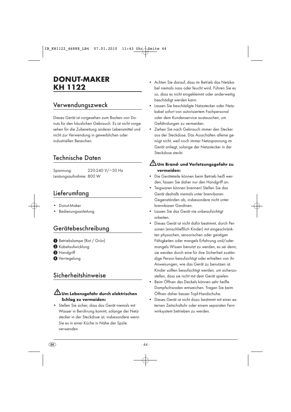 Donut-maker kh 1122, Verwendungszweck, Technische daten | Lieferumfang, Gerätebeschreibung, Sicherheitshinweise | Silvercrest KH 1122 User Manual | Page 46 / 50