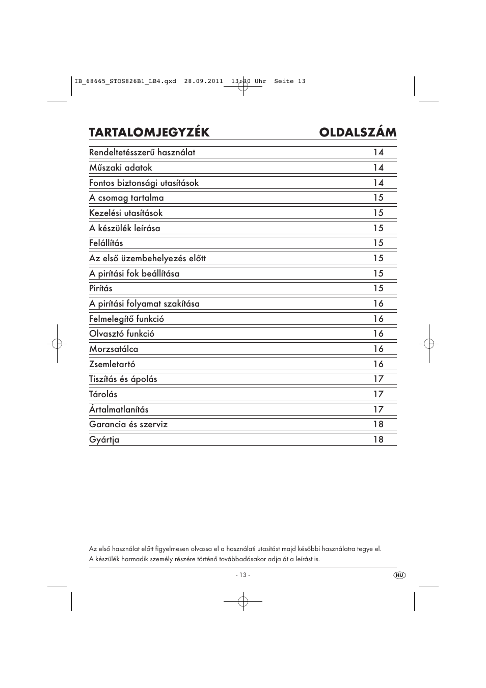 Tartalomjegyzék oldalszám | Silvercrest STOS 826 B1 User Manual | Page 15 / 44