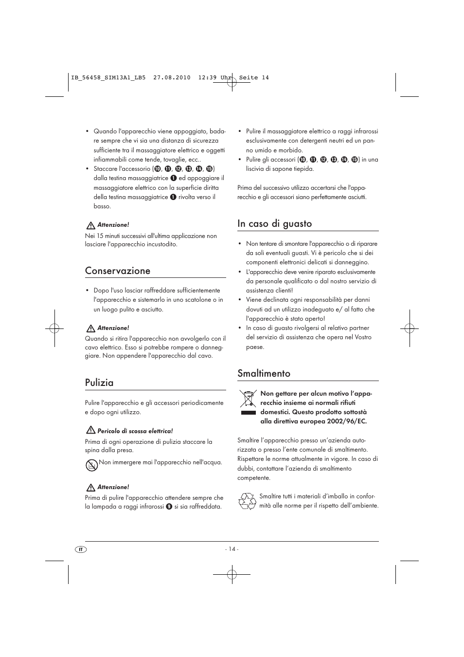 Conservazione, Pulizia, Smaltimento | Silvercrest SIM 13 A1 User Manual | Page 16 / 42