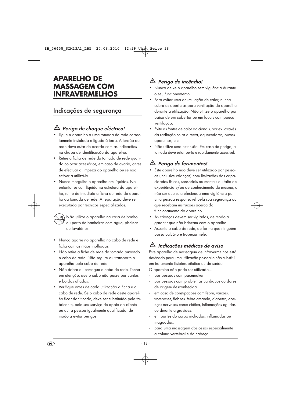 Aparelho de massagem com infravermelhos, Indicações de segurança, Perigo de choque eléctrico | Perigo de incêndio, Perigo de ferimentos, Indicações médicas de aviso | Silvercrest SIM 13 A1 User Manual | Page 20 / 42