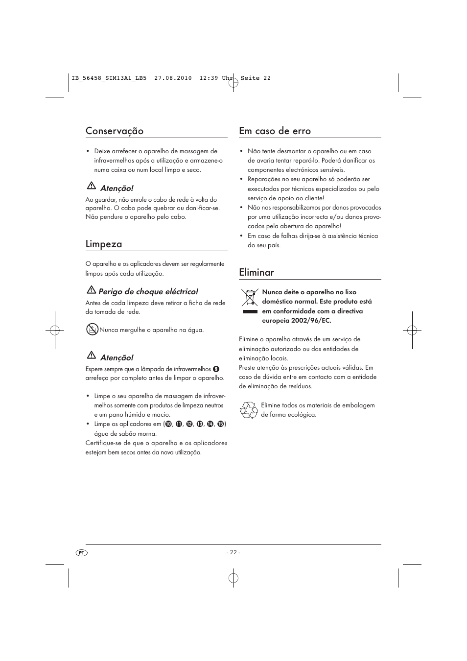 Conservação, Limpeza, Em caso de erro | Eliminar | Silvercrest SIM 13 A1 User Manual | Page 24 / 42