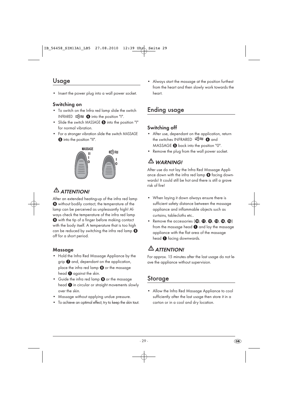 Usage, Ending usage, Storage | Switching on, Attention, Massage, Switching off, Warning | Silvercrest SIM 13 A1 User Manual | Page 31 / 42