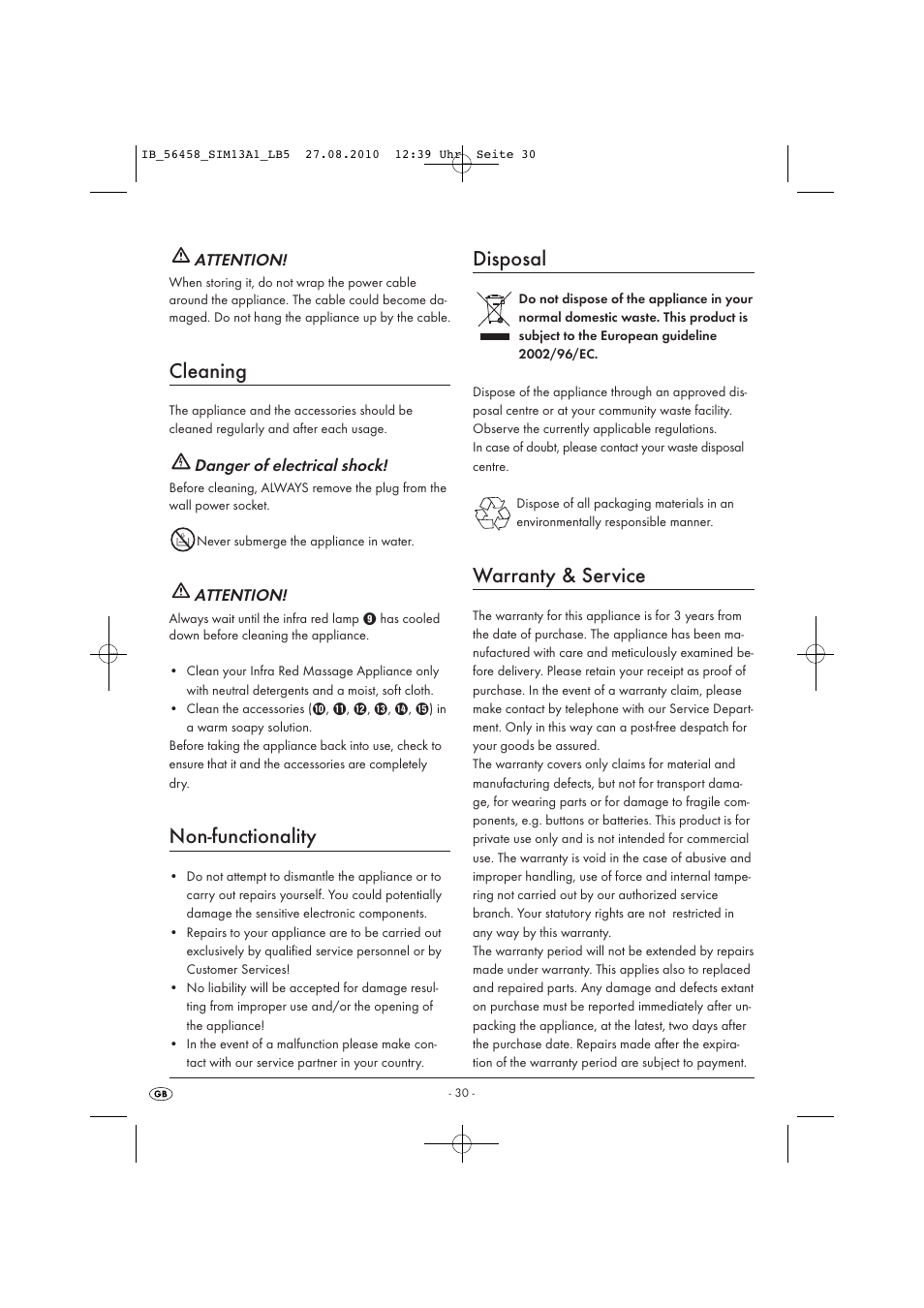 Cleaning, Non-functionality, Disposal | Warranty & service | Silvercrest SIM 13 A1 User Manual | Page 32 / 42