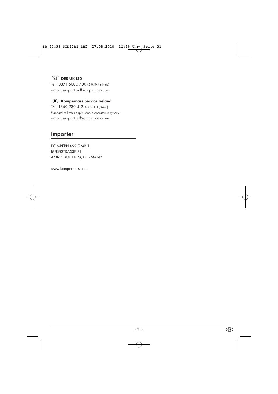 Importer | Silvercrest SIM 13 A1 User Manual | Page 33 / 42