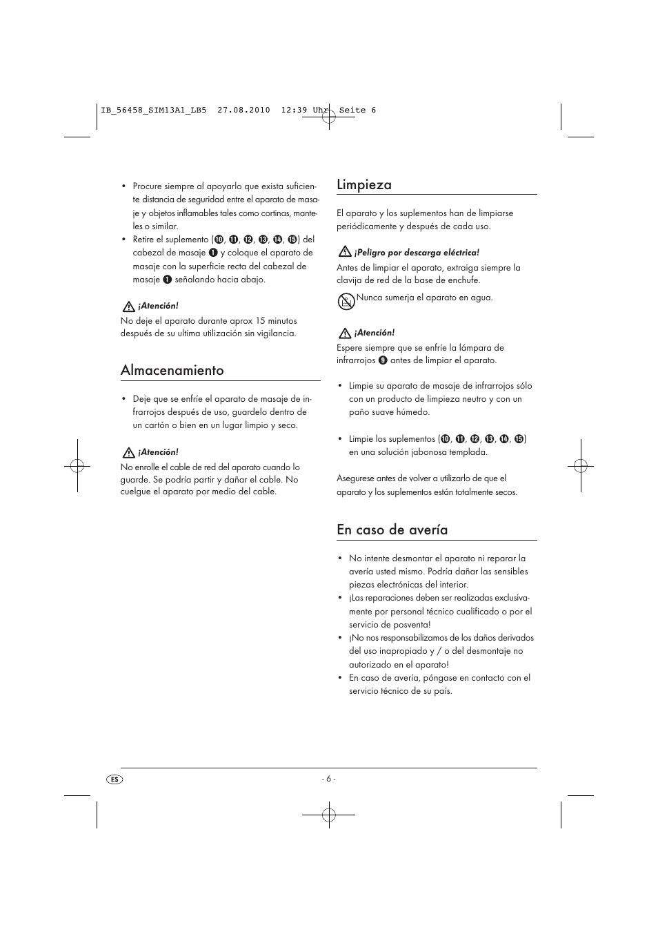 Almacenamiento, Limpieza, En caso de avería | Silvercrest SIM 13 A1 User Manual | Page 8 / 42