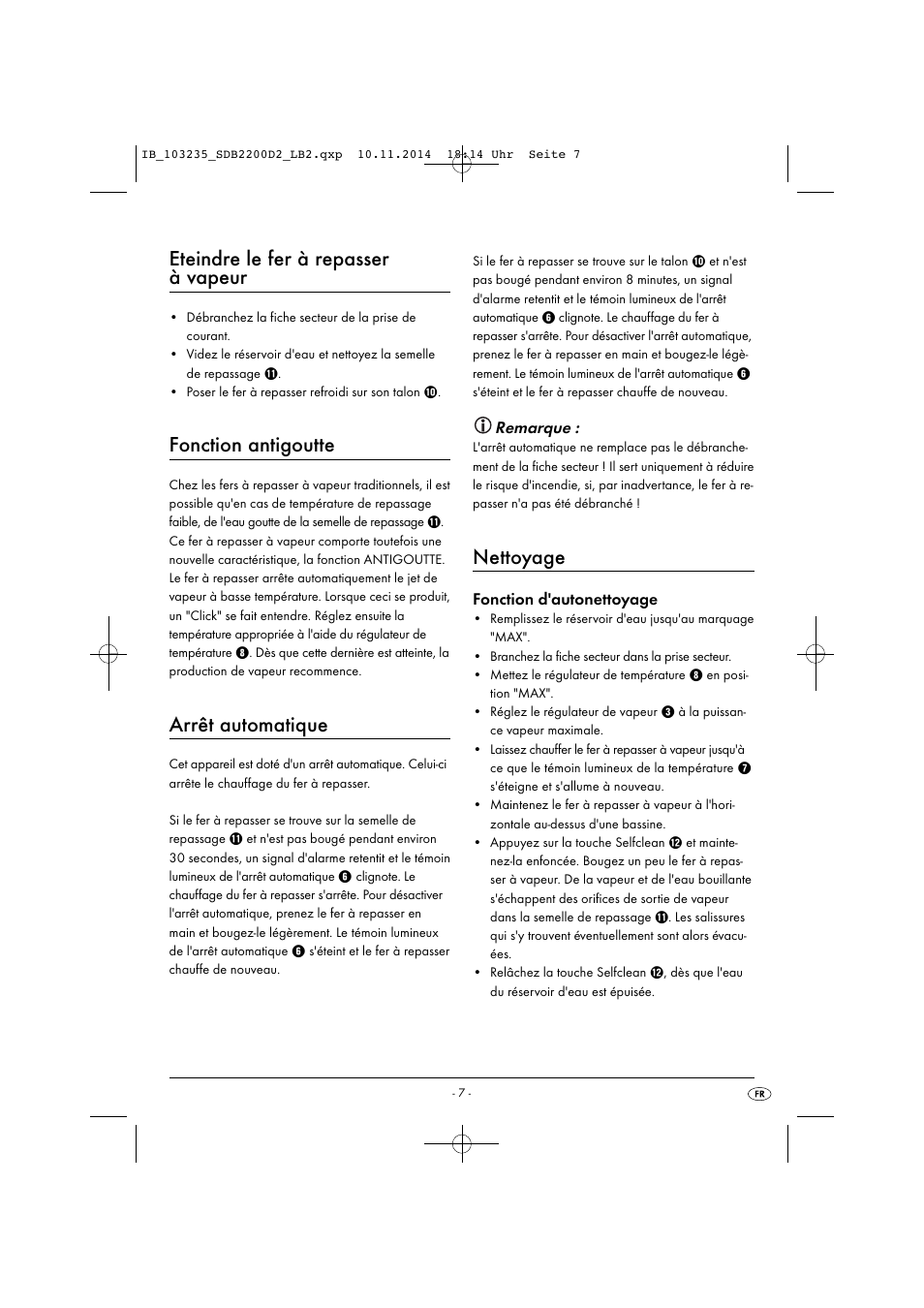 Eteindre le fer à repasser à vapeur, Fonction antigoutte, Arrêt automatique | Nettoyage, Remarque, Fonction d'autonettoyage | Silvercrest SDB 2200 D2 User Manual | Page 10 / 33