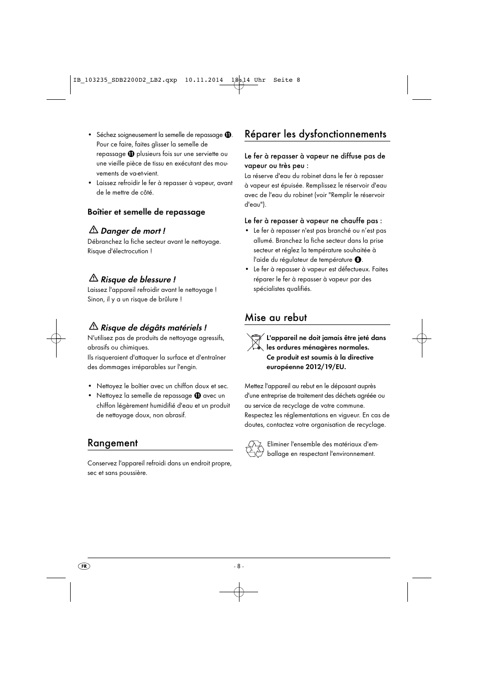 Rangement, Réparer les dysfonctionnements, Mise au rebut | Silvercrest SDB 2200 D2 User Manual | Page 11 / 33