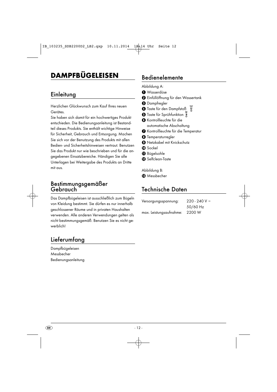 Dampfbügeleisen, Einleitung, Bestimmungsgemäßer gebrauch | Lieferumfang, Bedienelemente, Technische daten | Silvercrest SDB 2200 D2 User Manual | Page 15 / 33