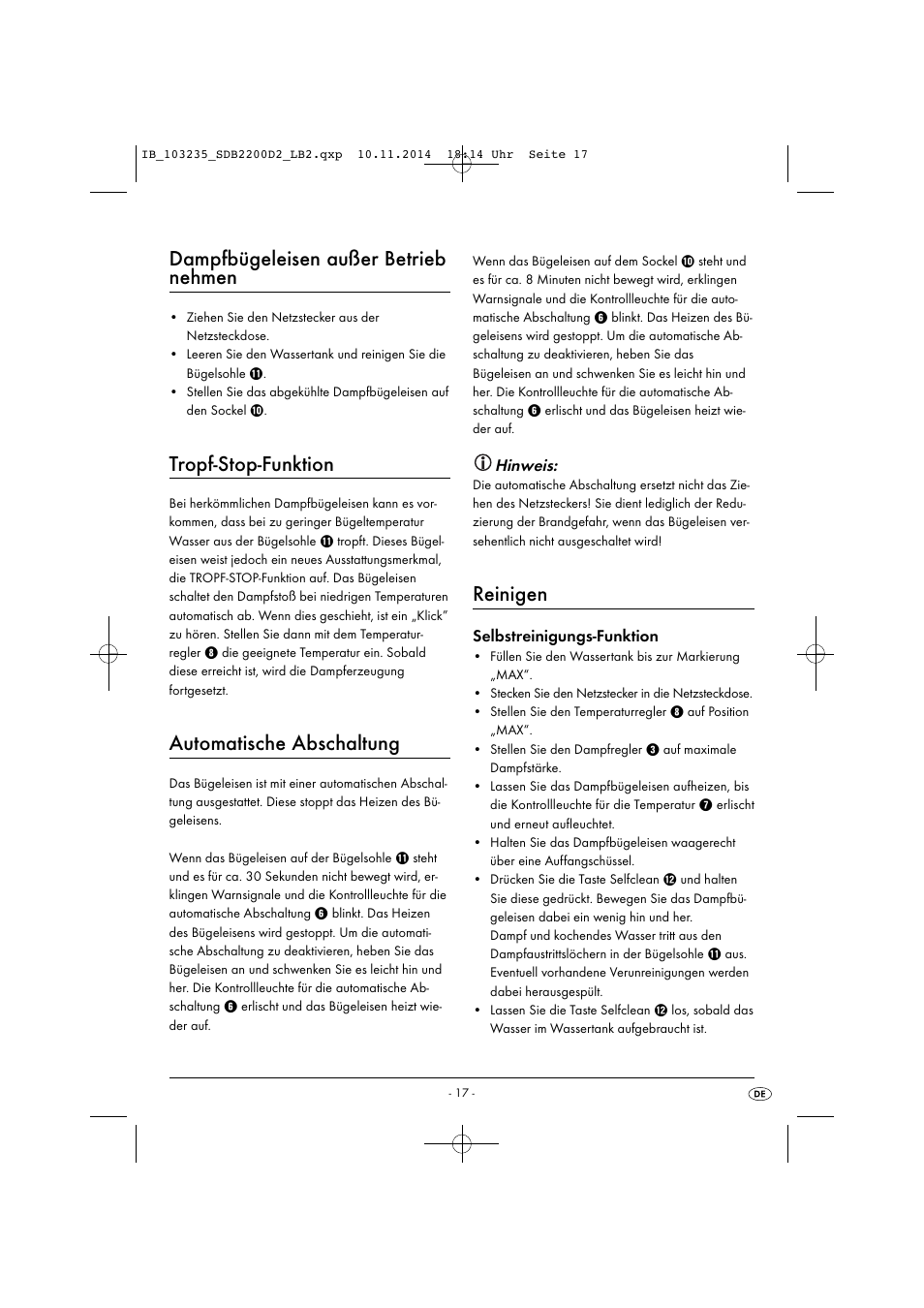 Dampfbügeleisen außer betrieb nehmen, Tropf-stop-funktion, Automatische abschaltung | Reinigen, Hinweis, Selbstreinigungs-funktion | Silvercrest SDB 2200 D2 User Manual | Page 20 / 33