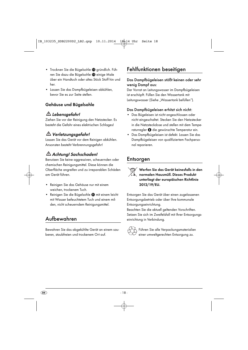 Aufbewahren, Fehlfunktionen beseitigen, Entsorgen | Gehäuse und bügelsohle lebensgefahr, Verletzungsgefahr, Achtung! sachschaden | Silvercrest SDB 2200 D2 User Manual | Page 21 / 33