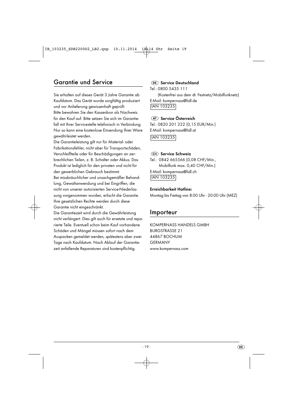 Garantie und service, Importeur | Silvercrest SDB 2200 D2 User Manual | Page 22 / 33