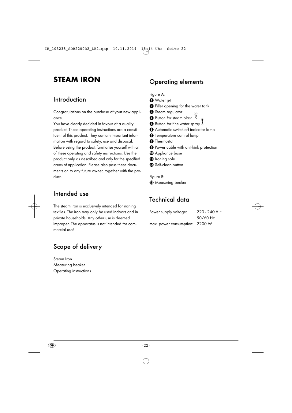 Steam iron, Introduction, Intended use | Scope of delivery, Operating elements, Technical data | Silvercrest SDB 2200 D2 User Manual | Page 25 / 33