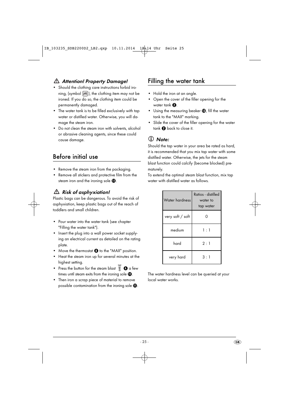 Before initial use, Filling the water tank, Attention! property damage | Risk of asphyxiation | Silvercrest SDB 2200 D2 User Manual | Page 28 / 33