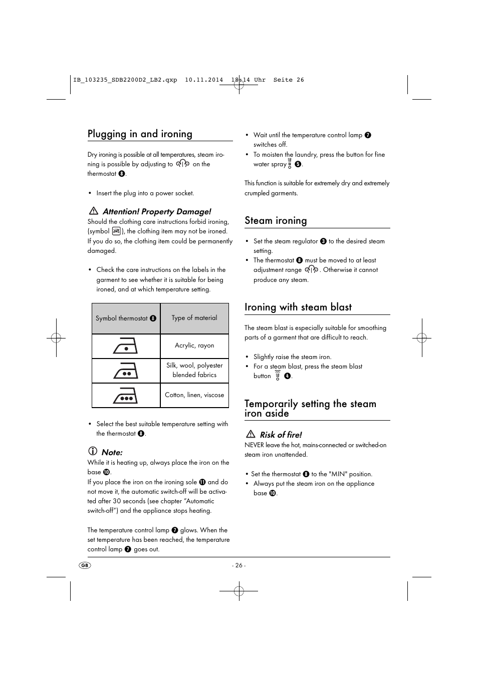 Plugging in and ironing, Steam ironing, Ironing with steam blast | Temporarily setting the steam iron aside, Attention! property damage, Risk of fire | Silvercrest SDB 2200 D2 User Manual | Page 29 / 33