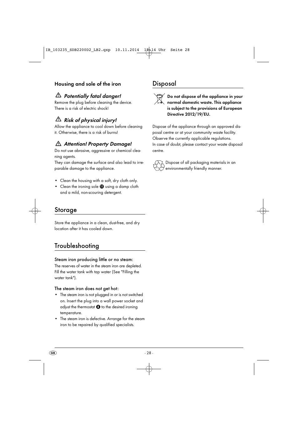 Storage, Troubleshooting, Disposal | Silvercrest SDB 2200 D2 User Manual | Page 31 / 33