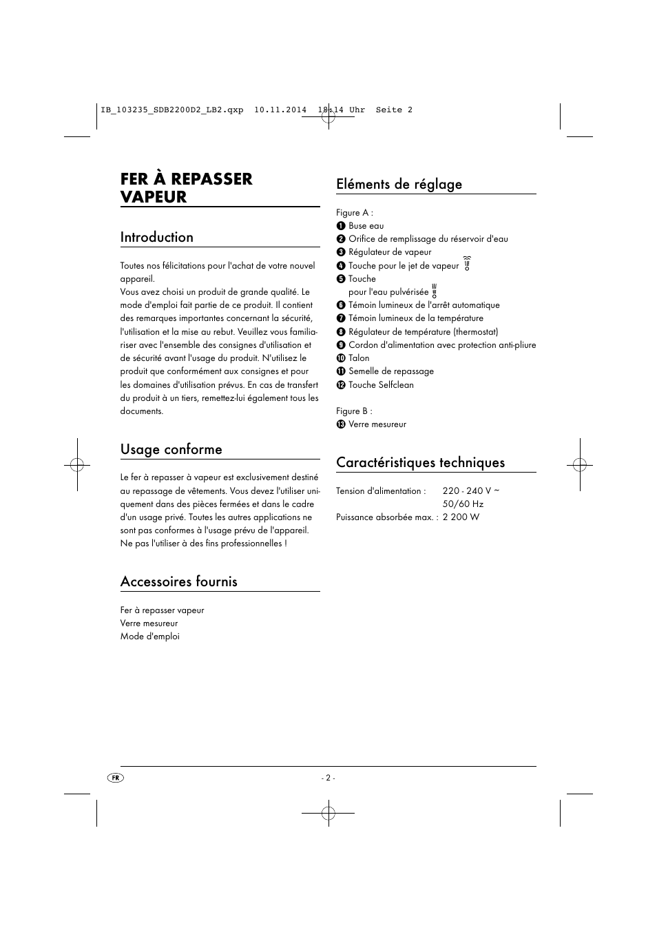 Fer à repasser vapeur, Introduction, Usage conforme | Accessoires fournis, Eléments de réglage, Caractéristiques techniques | Silvercrest SDB 2200 D2 User Manual | Page 5 / 33