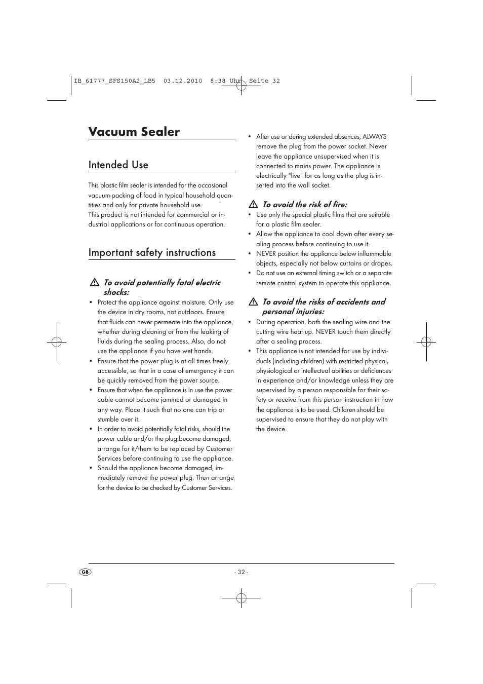 Vacuum sealer, Intended use, Important safety instructions | Silvercrest SFS 150 A2 User Manual | Page 34 / 58