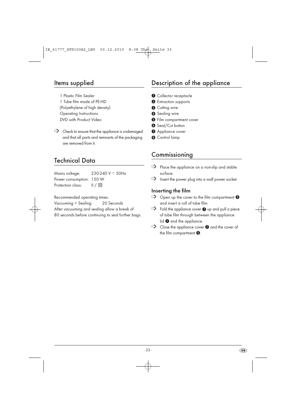 Items supplied, Technical data, Description of the appliance | Commissioning | Silvercrest SFS 150 A2 User Manual | Page 35 / 58