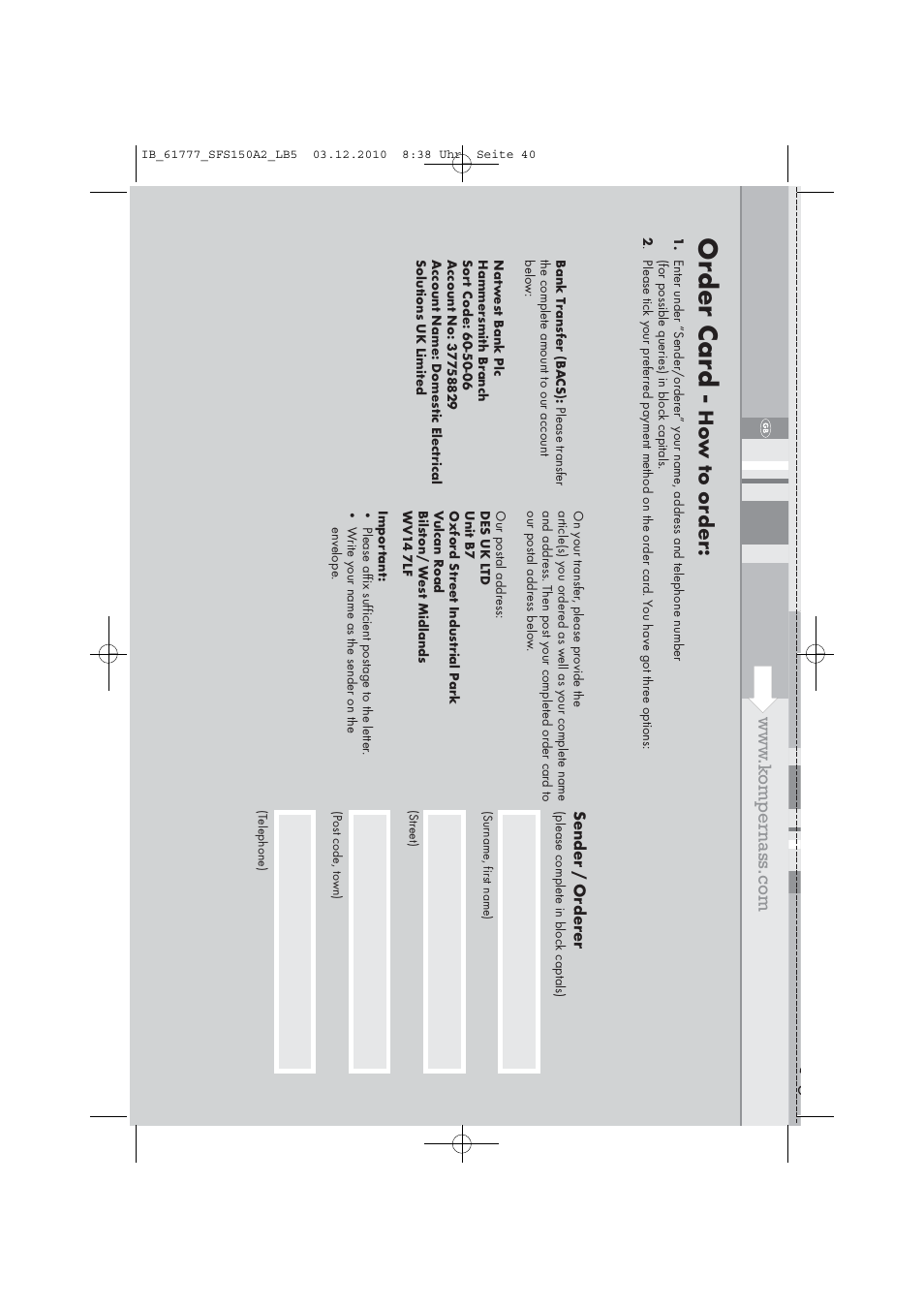Or der car d, Sender / o rder er | Silvercrest SFS 150 A2 User Manual | Page 42 / 58