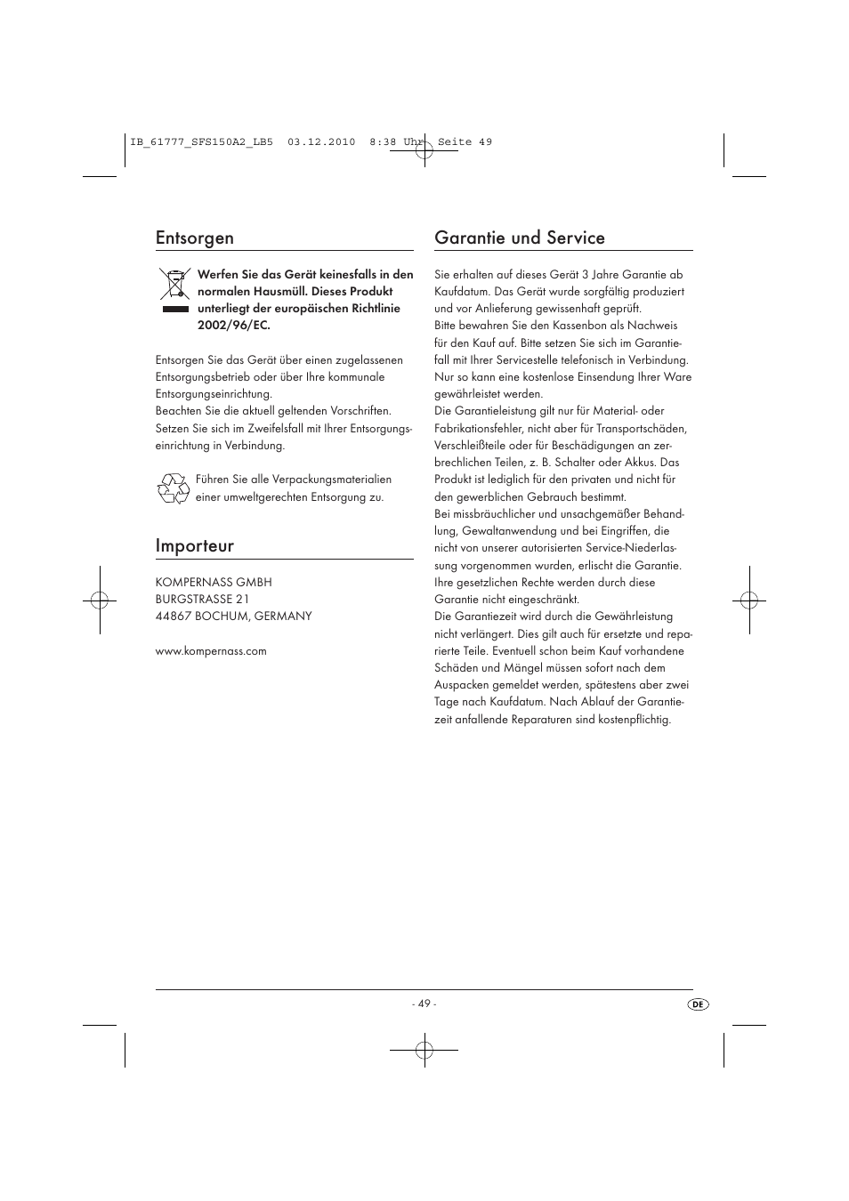 Entsorgen, Importeur, Garantie und service | Silvercrest SFS 150 A2 User Manual | Page 51 / 58