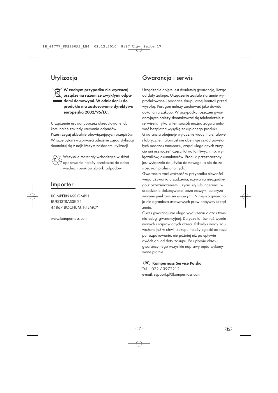 Utylizacja, Importer, Gwarancja i serwis | Silvercrest SFS 150 A2 User Manual | Page 19 / 76
