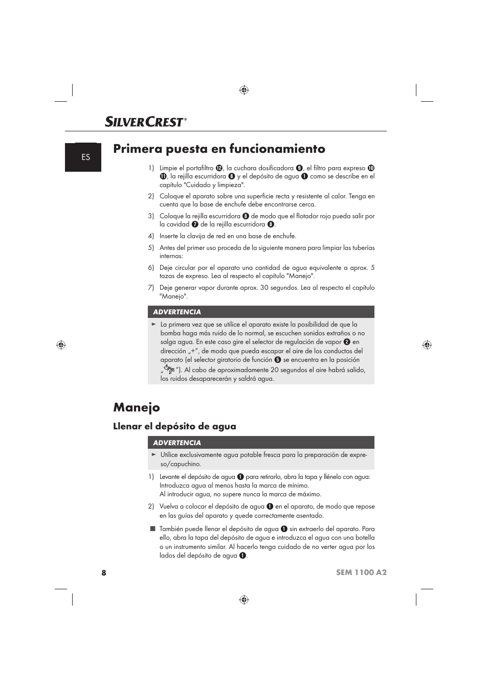 Primera puesta en funcionamiento, Manejo, Llenar el depósito de agua | Silvercrest SEM 1100 A2 User Manual | Page 10 / 102