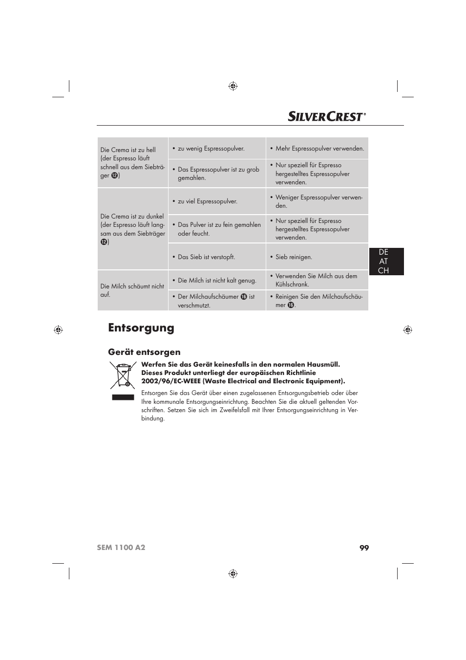 Entsorgung, Gerät entsorgen, De at ch | Silvercrest SEM 1100 A2 User Manual | Page 101 / 102