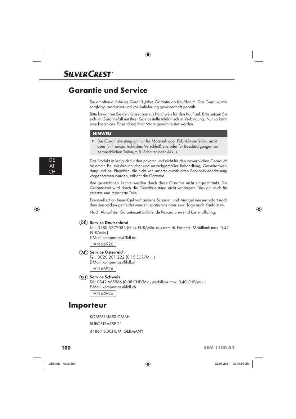 Garantie und service, Importeur, De at ch | Silvercrest SEM 1100 A2 User Manual | Page 102 / 102