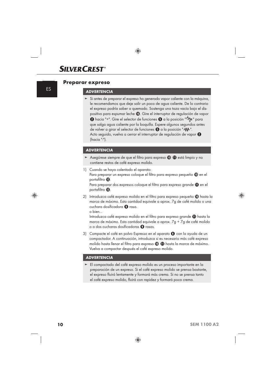 Preparar expreso | Silvercrest SEM 1100 A2 User Manual | Page 12 / 102