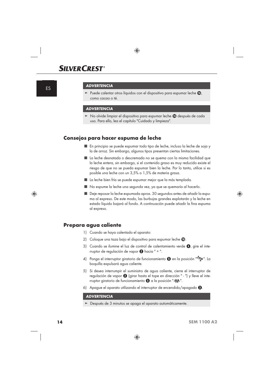 Consejos para hacer espuma de leche, Prepara agua caliente | Silvercrest SEM 1100 A2 User Manual | Page 16 / 102