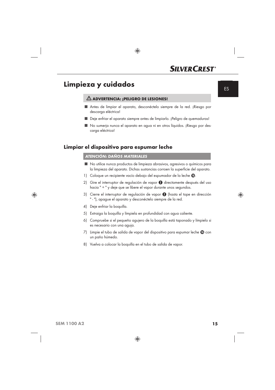 Limpieza y cuidados, Limpiar el dispositivo para espumar leche | Silvercrest SEM 1100 A2 User Manual | Page 17 / 102