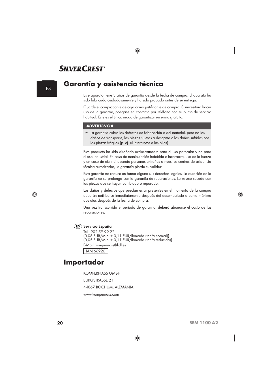 Garantía y asistencia técnica, Importador | Silvercrest SEM 1100 A2 User Manual | Page 22 / 102