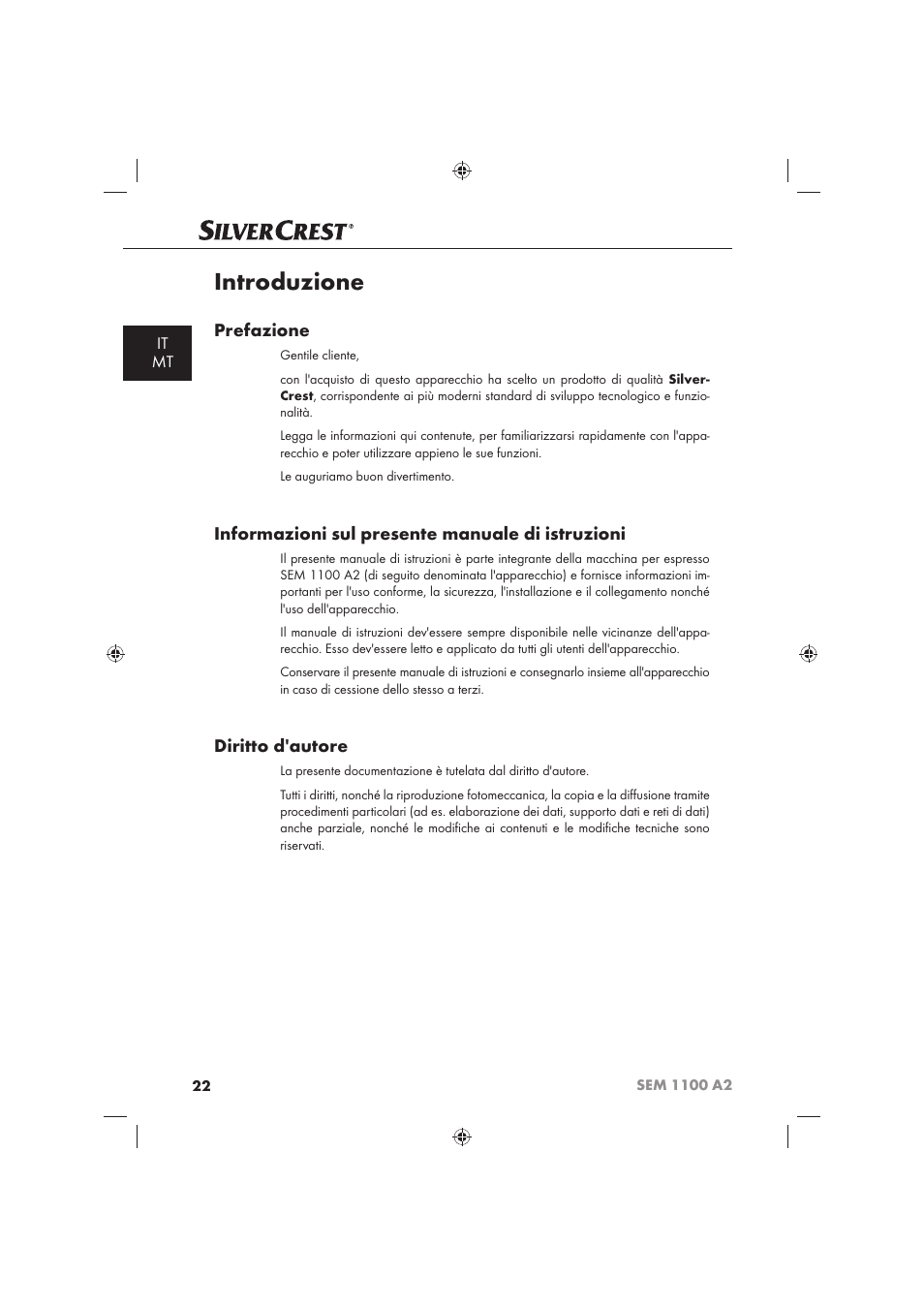 Introduzione, Prefazione, Informazioni sul presente manuale di istruzioni | Diritto d'autore, It mt | Silvercrest SEM 1100 A2 User Manual | Page 24 / 102