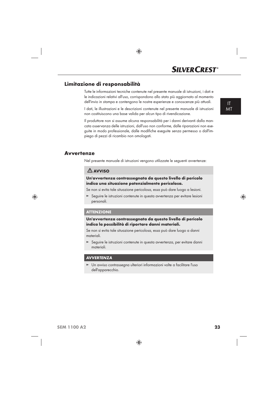 Limitazione di responsabilità, Avvertenze, It mt | Silvercrest SEM 1100 A2 User Manual | Page 25 / 102