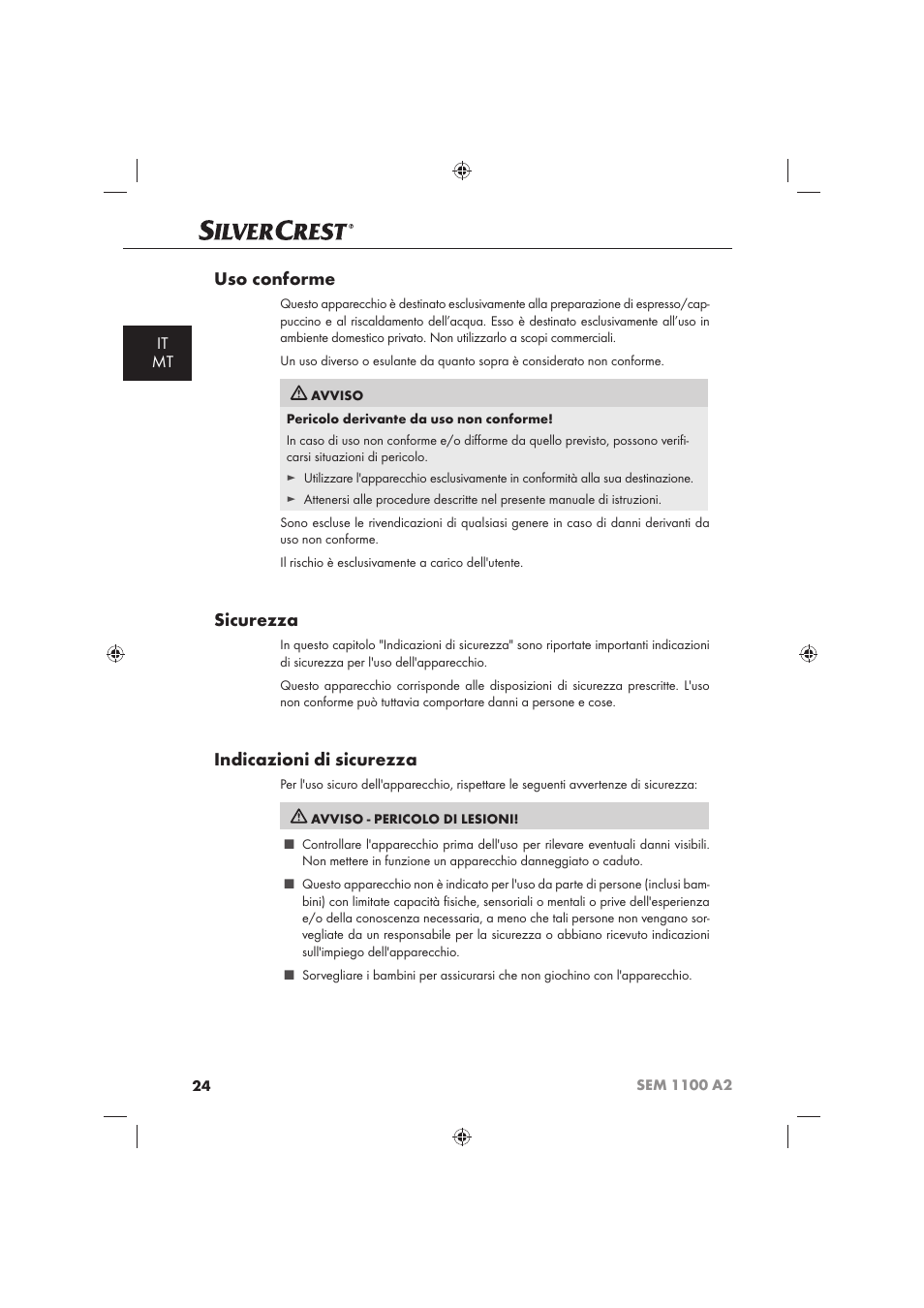 Uso conforme, Sicurezza, Indicazioni di sicurezza | It mt | Silvercrest SEM 1100 A2 User Manual | Page 26 / 102