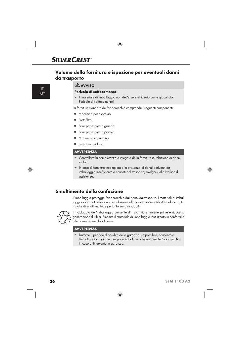 Smaltimento della confezione, It mt | Silvercrest SEM 1100 A2 User Manual | Page 28 / 102